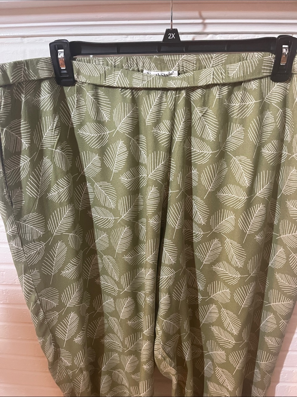 Olive Green Leaf Print Wide Leg Pull-On Pants by NorthStyle - Picture 2 of 5